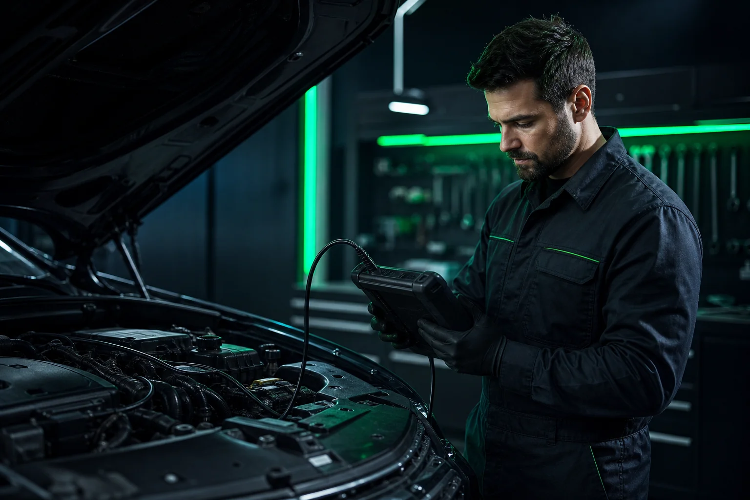 Diagnosearbeitsplatz mit Prüfgerät und Fahrzeugstecker